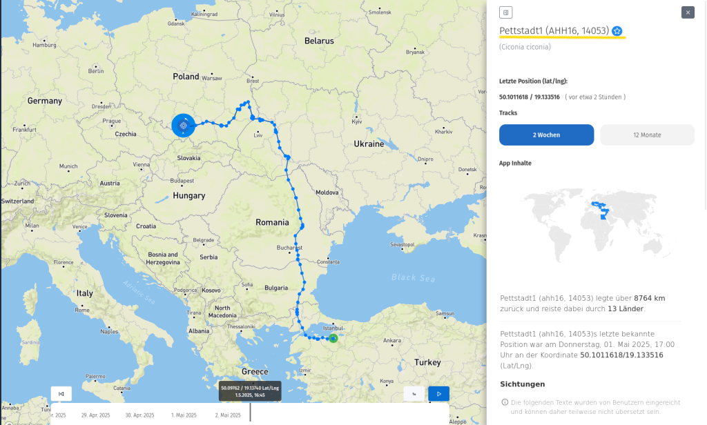 Pettstadt1 am 1. Mai 2025. Sie ist noch rund 600 Kilometer von 'Zuhause' entfernt. Heute ist sie immer noch in Polen, aber sehr nahe der Grenze zu Tschechien.