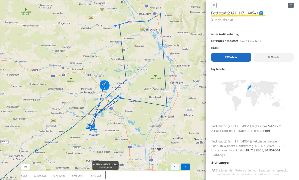 Pettstadt2 am 1. Mai 2025. Heute war sie in der Gegend von Höchstadt an der Aisch.