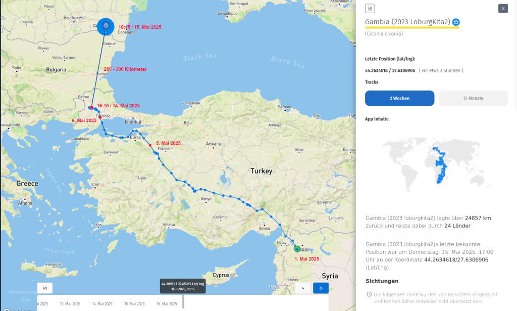 Gambia ist wieder unterwegs. Nach Überflug von Bulgarien ist sie heute - am 15. Mai 2025 - bereits in Rumänien angekommen.