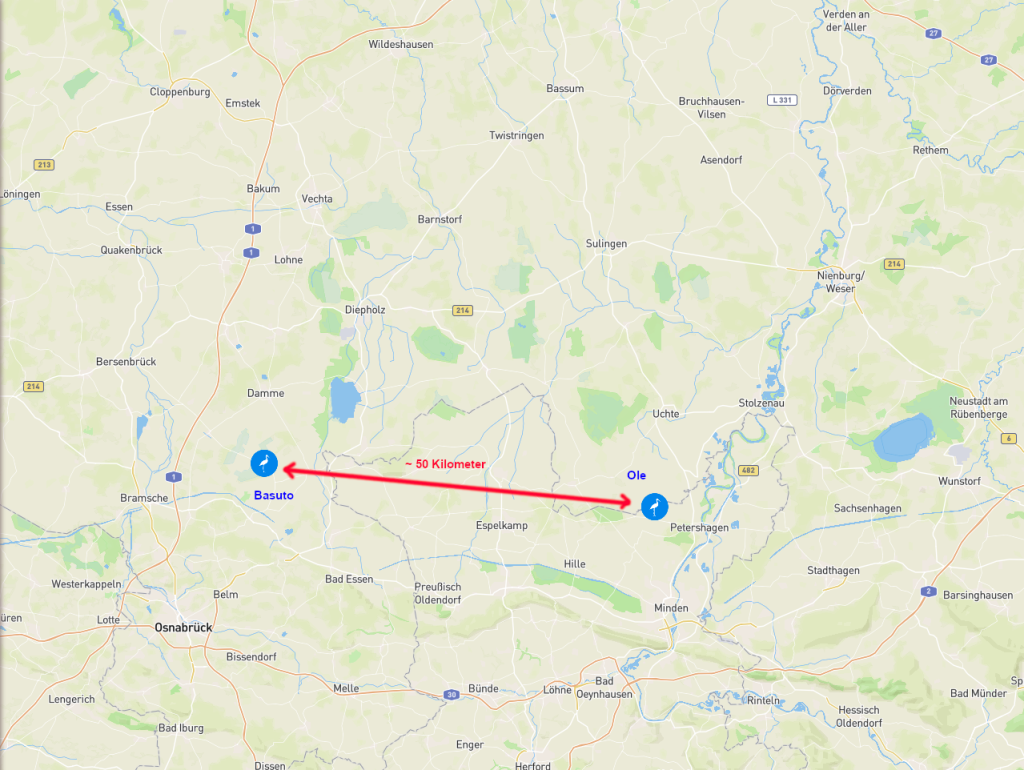 Basuto und Ole in relativer Nähe zueinander. Nur 50 Kilometer trennen sie im Moment. Aktuell befinden sich beide in Niedersachsen; nachmittags am 18. Mai 2025.