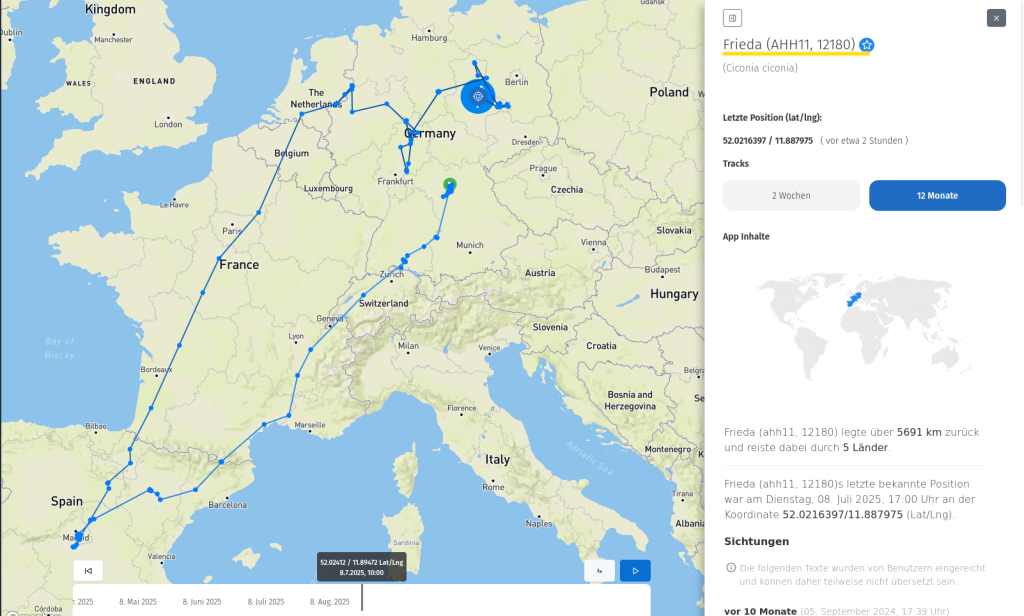 Der Überblick der Flugstrecke von Frieda der vergangenen 12 Monate.