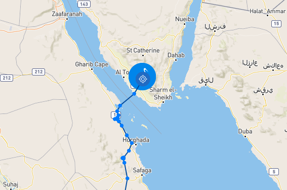 Man kann erkennen, dass Seppl den nördlichen Zipfel des Roten Meeres Richtung Sinai überquert hat.