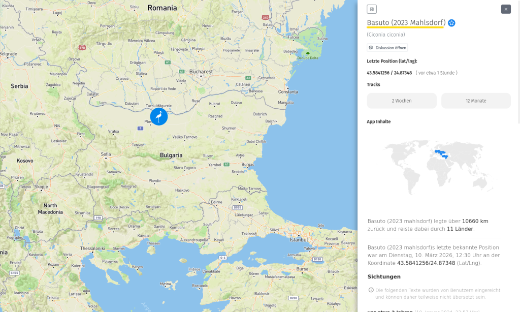 Basuto ist am Leben! Er wurde heute in Bulgarien getrackt.
