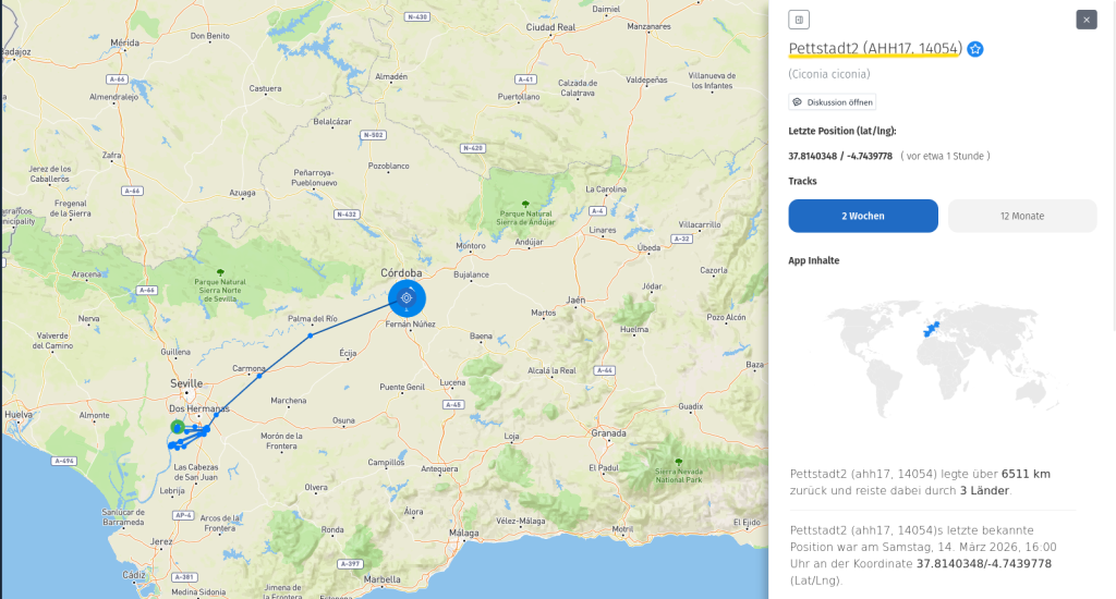 Pettstadt2 scheint nun auf dem Weg nach Norden zu sein. Heute kam sie bis Cordoba.