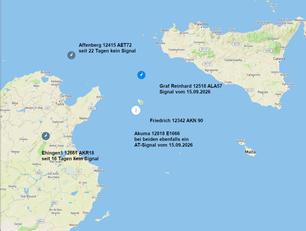 Leider haben sich einige Störche getraut, von Italien / Sizilien nach Tunesien zu fliegen. Die Streckenlänge variiert zwischen rund 150 und knapp 300 Kilometer.